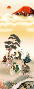 赤富士・丹頂鶴・七福神 ■鵜飼雄平 開運掛軸(尺三) 「七福神万笑之図」・桐箱