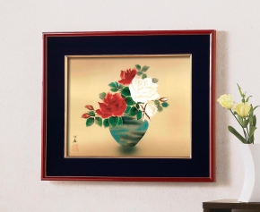 坪内正庵 日本画額F6(春慶) 「バラ」