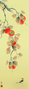 浮田秋水掛軸(尺三) 「柿に小鳥」