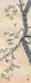 ■ 花鳥画(尺五)掛軸・長江桂舟「桜花に小鳥」