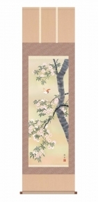 ■ 花鳥画(尺五)掛軸・長江桂舟「桜花に小鳥」