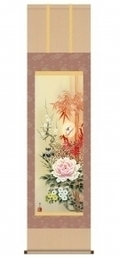 緒方葉水 開運掛軸(尺三) 「四季花吉祥競艶図」(桐箱)