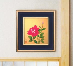 ■葛谷聖山黒金色紙額「バラ」