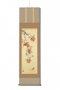 浮田秋水掛軸(尺三) 「柿に小鳥」